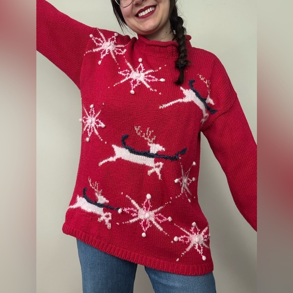 Lauren Hansen Festive Red Reindeer Sweater